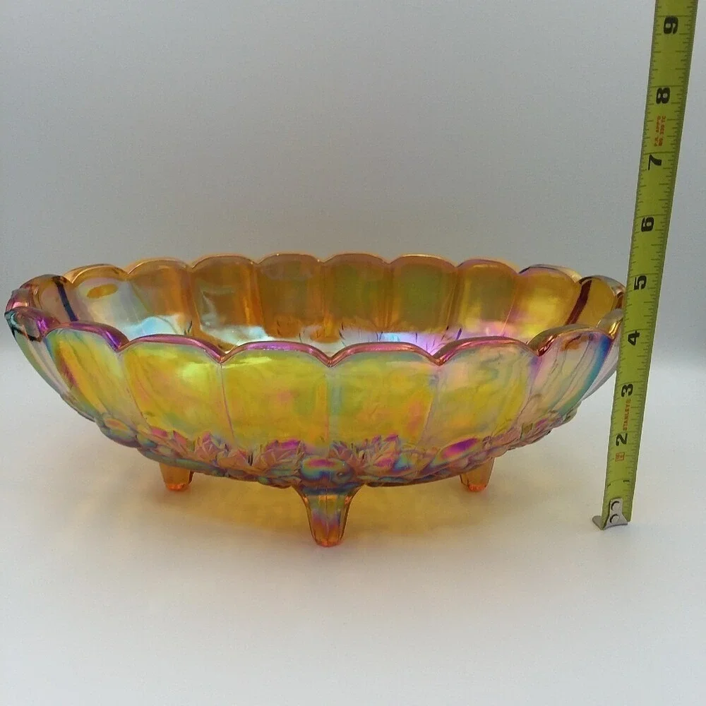 Vintage Iridescent Carnival Glass Bowl Oval Footed Harvest Grape Fruit ‎ 12x9